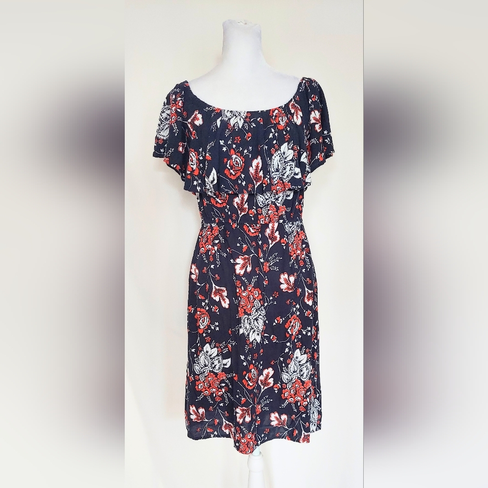 Westport 1962 Off The Shoulder Ruffle Dress Blue Floral Womens Size Small